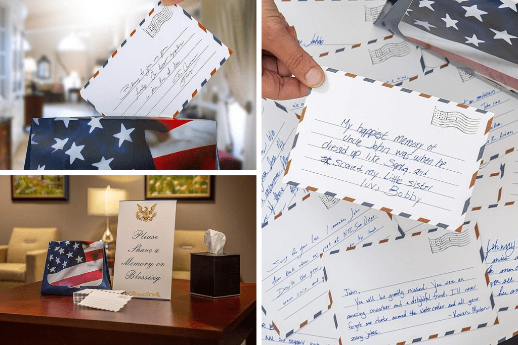 A hand holds a letter with handwritten text, among scattered envelope-style papers. The note shares a fond memory with an American flag detail visible, creating a nostalgic, heartfelt tone.