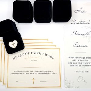 Heart of Faith award with prayer and scripture cards and velvet box cross pin for Catholic or Christian church member recognition