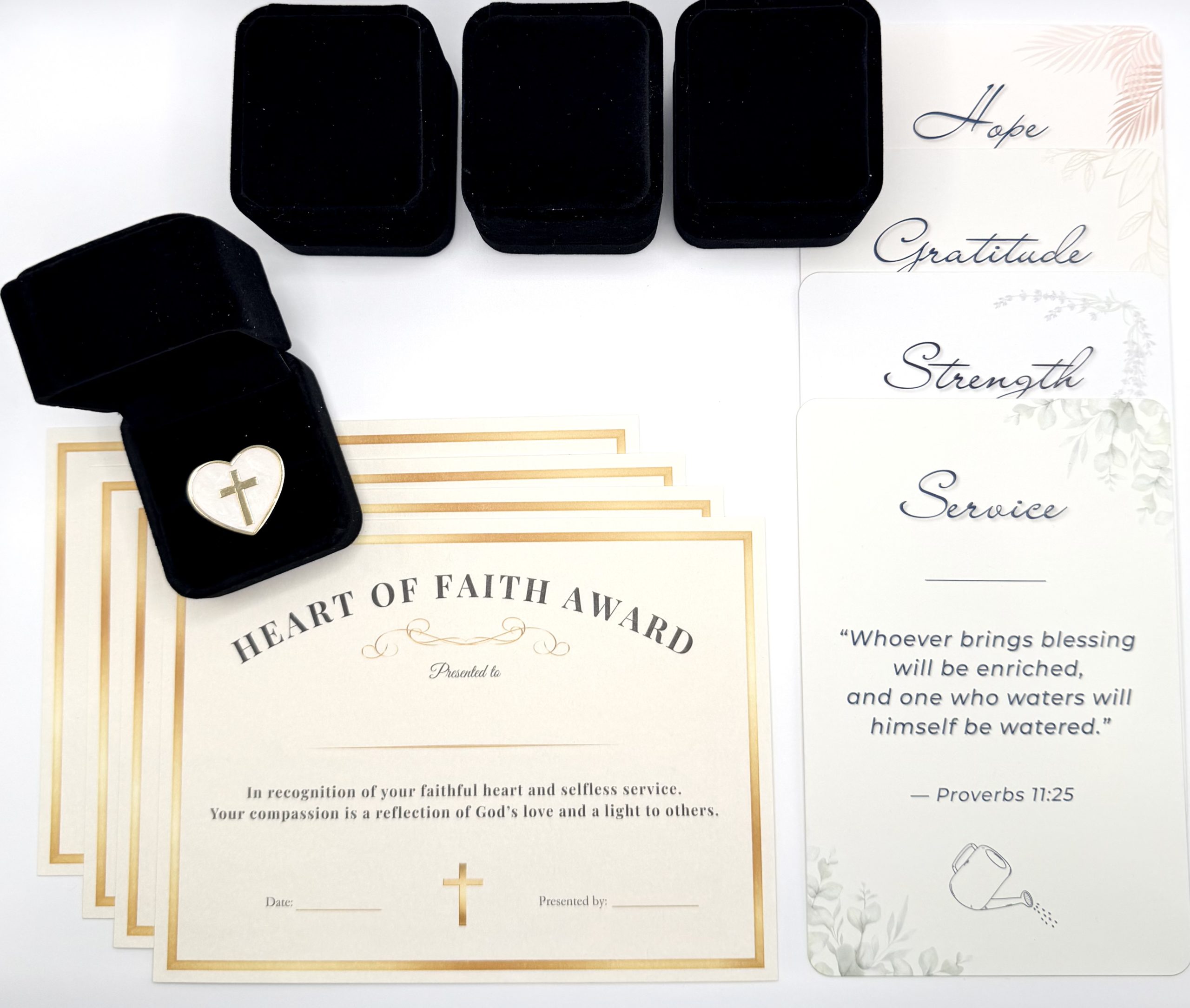 Heart of Faith award with prayer and scripture cards and velvet box cross pin for Catholic or Christian church member recognition