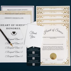 Funeral service honor ceremony set featuring Heart of Service certificates, service pins, and gift for volunteers materials