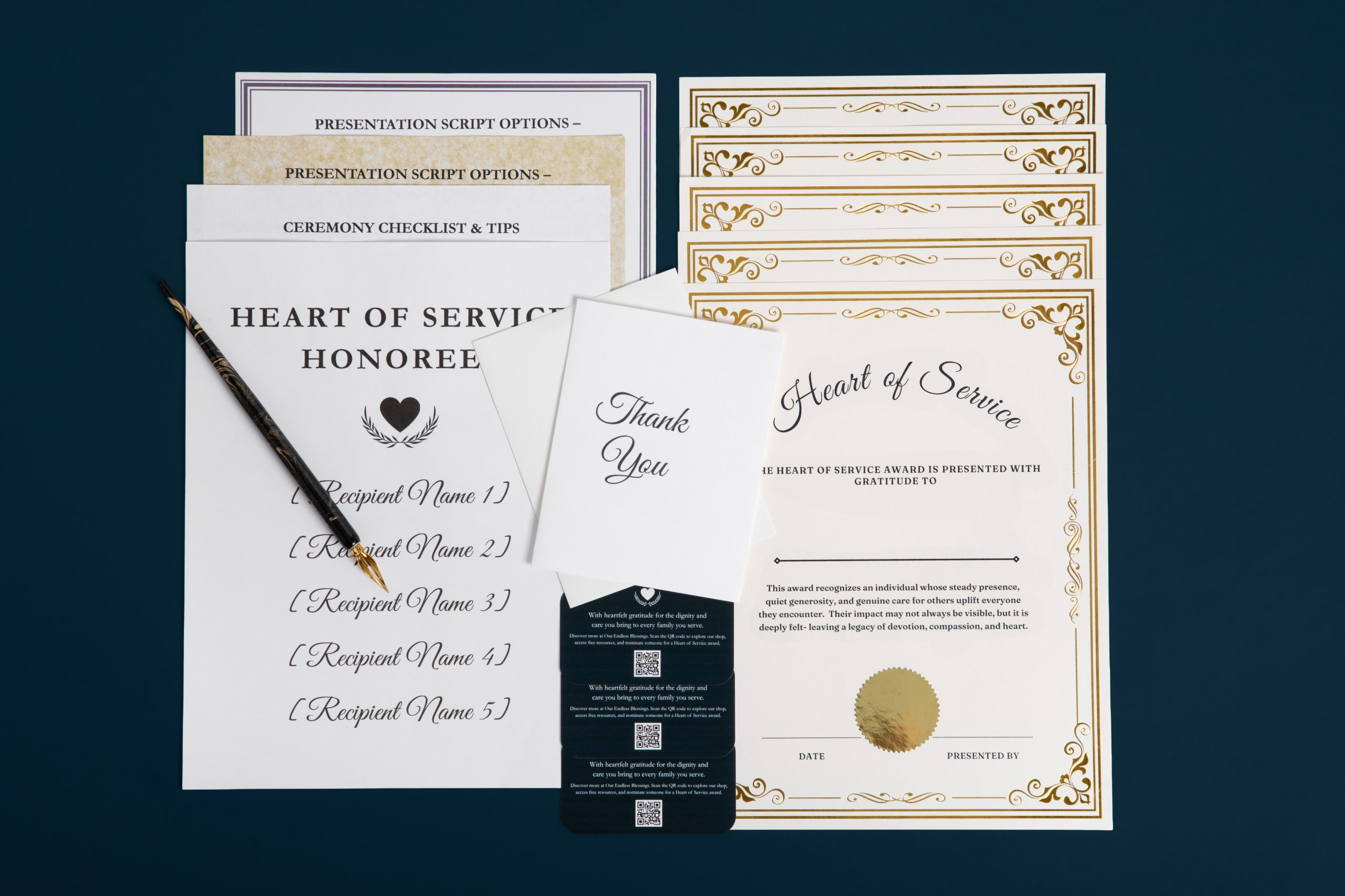 Funeral service honor ceremony set featuring Heart of Service certificates, service pins, and gift for volunteers materials