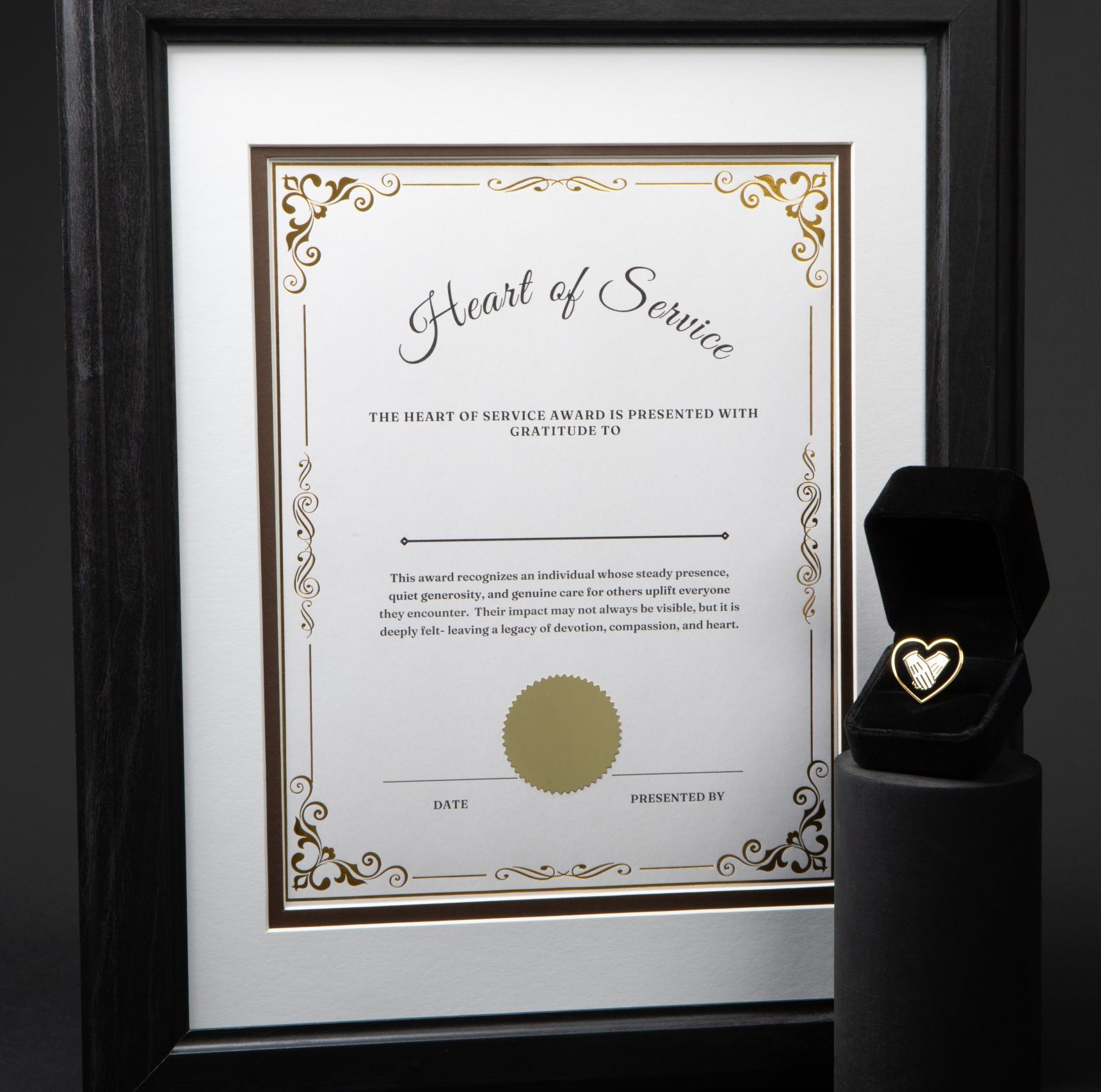 Framed Heart of Service certificate with velvet box pins for funeral service honor ceremony and veteran recognitions