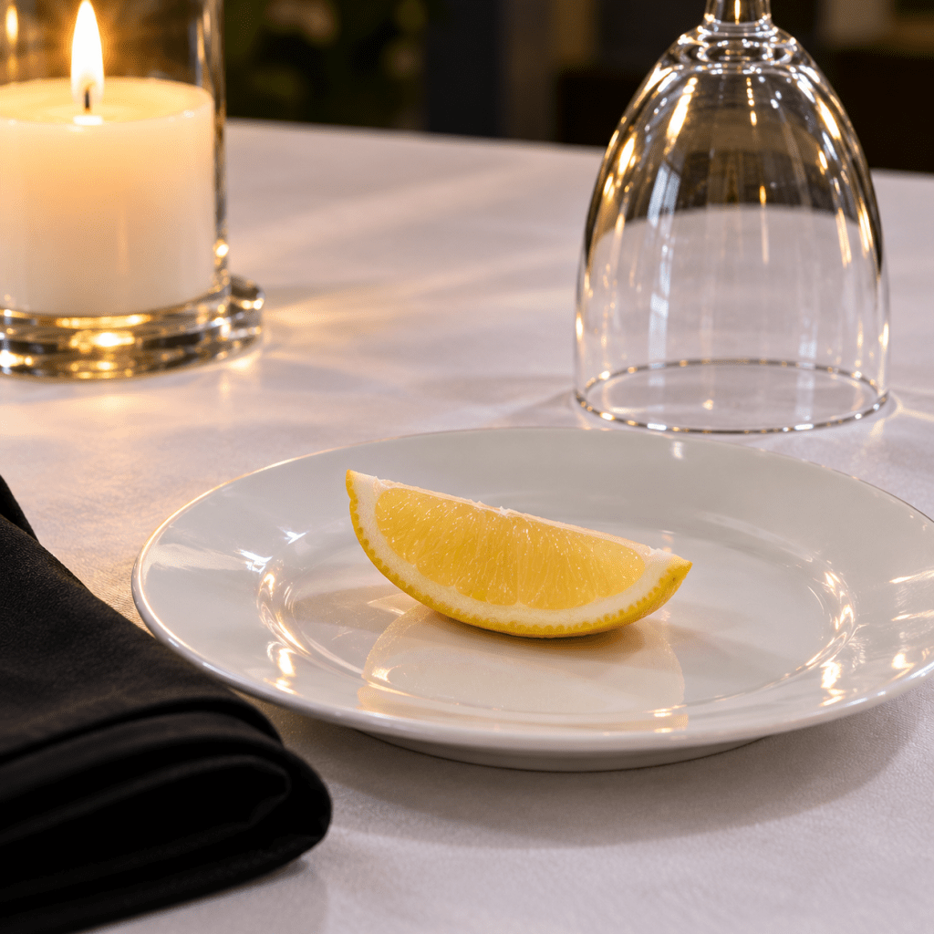 Lemon slice on a white plate beside a black napkin and inverted glass on a Missing Man Table