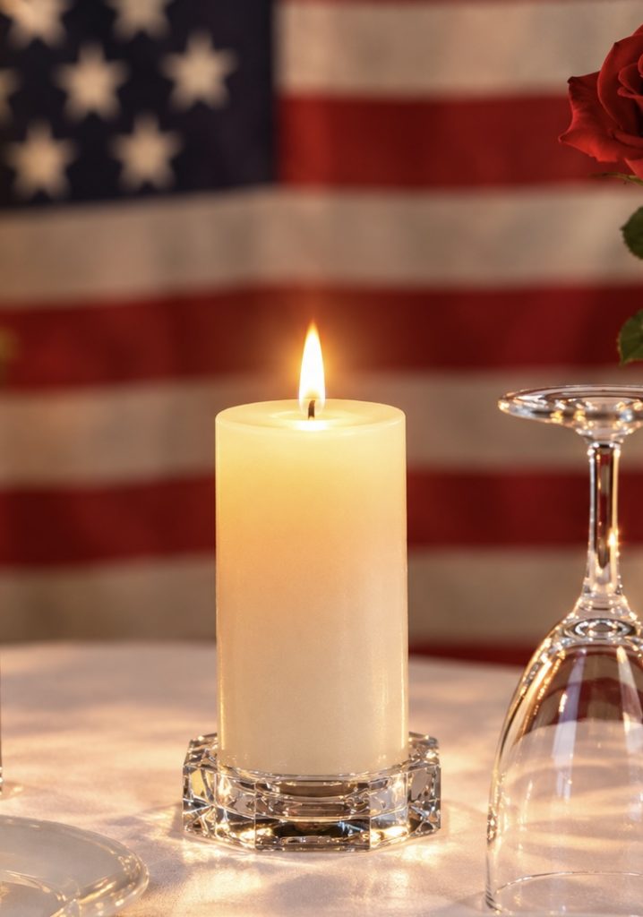 Lit white candle on a Missing Man Table with an American flag in the background