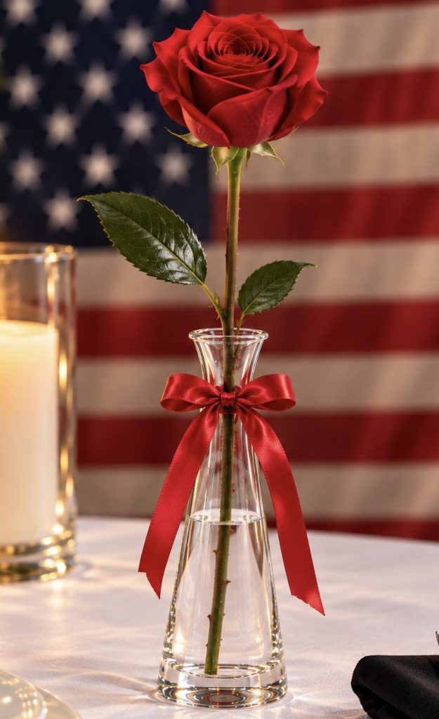 Single red rose in a glass vase with a red ribbon in front of an American flag