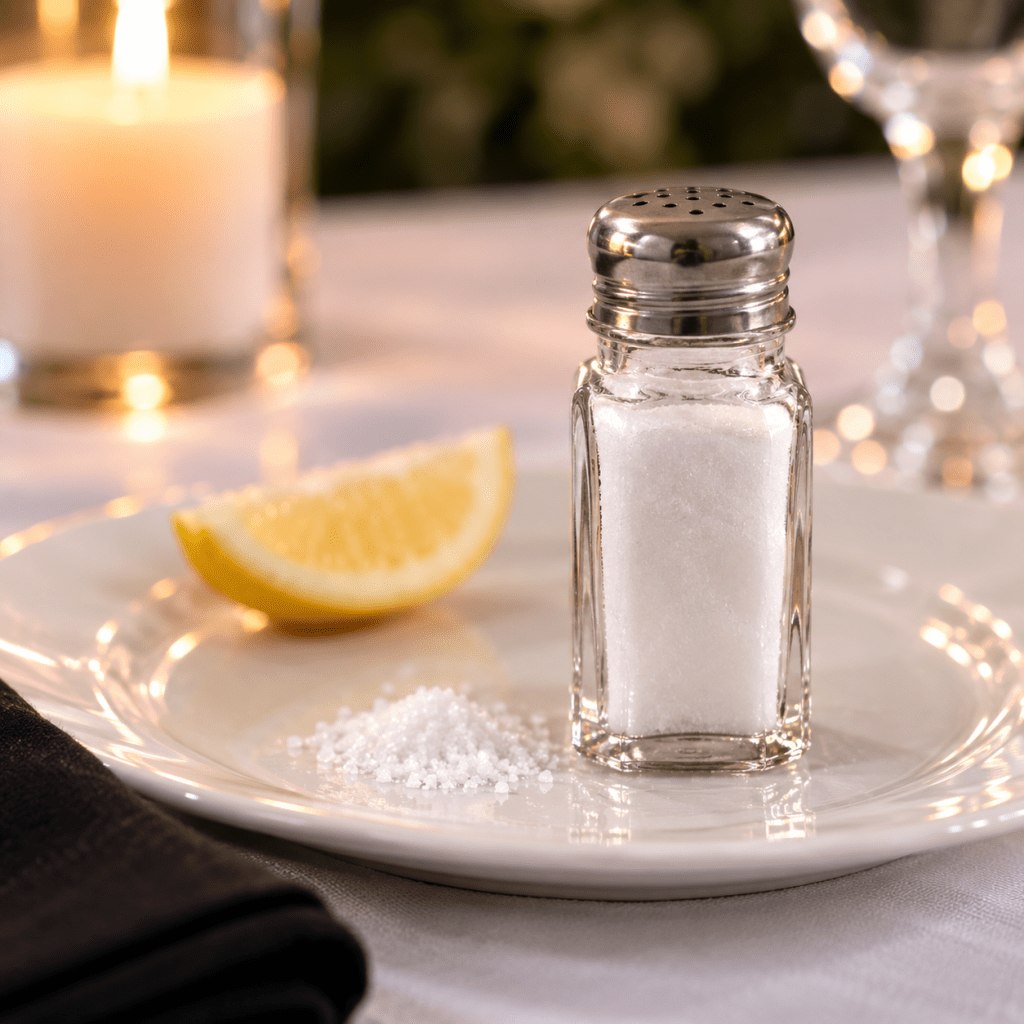 Salt shaker and spilled salt on a white plate with a lemon slice in the background
