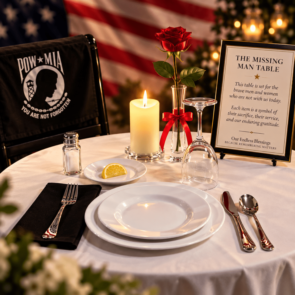 Missing Man Table with an empty POW/MIA chair, white tablecloth, red rose, candle, lemon, salt and inverted glass